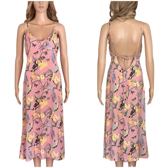 Reformation Midi Slip Dress Chianti Blush Pink Conga Tropical floral birds Small - Picture 1 of 13